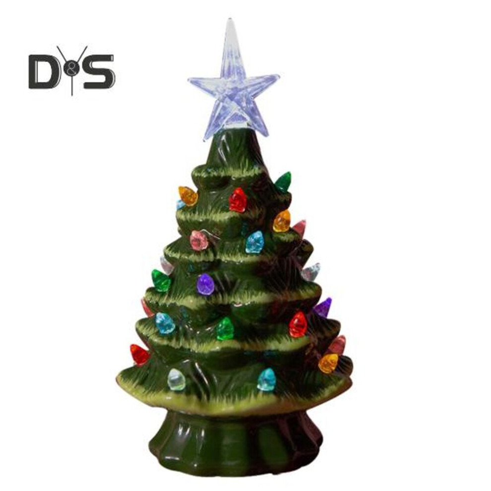 (green) Mini Ceramic Christmas Tree Figurine Colorful Led Light-up Xmas Tree Statue Sculpture Home Office Desktop Ornament Decoration
