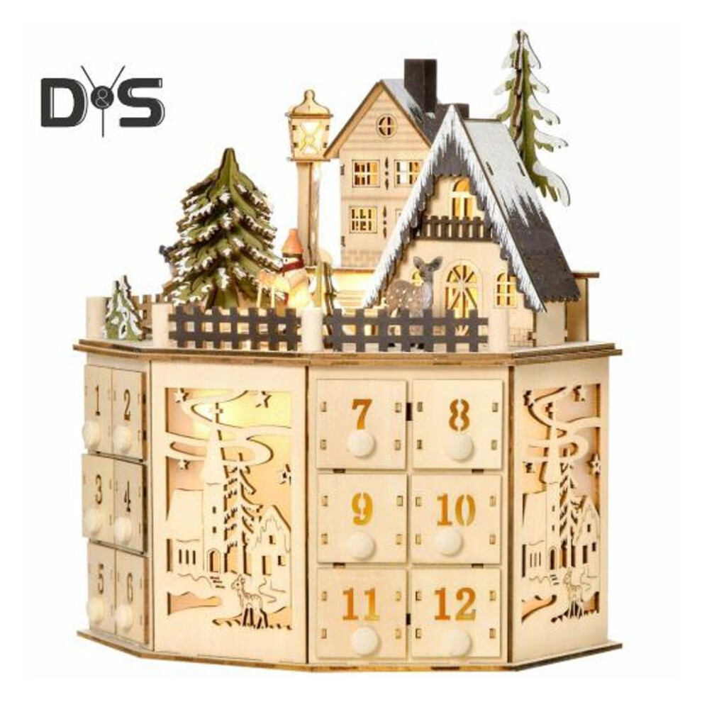 Christmas Advent Calendar With Led Lights Music Wooden Light-up House Scene Countdown Calendar With 24 Drawers Desktop Decoration