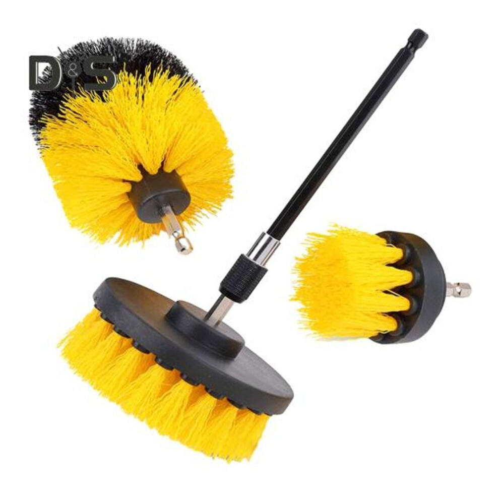(yellow) 4pcs/set Electric Drill Brush 3 Brushes Long Pole Nylon Bristles Universal Multi-functional Power Drill Scrubber Drill Attachment Kit Home Supplies