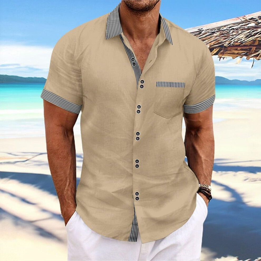 (XXXL, khaki) Men's 2024 Summer Fashion Striped Slim Fit Double-Button Business Casual Short-Sleeve Shirt