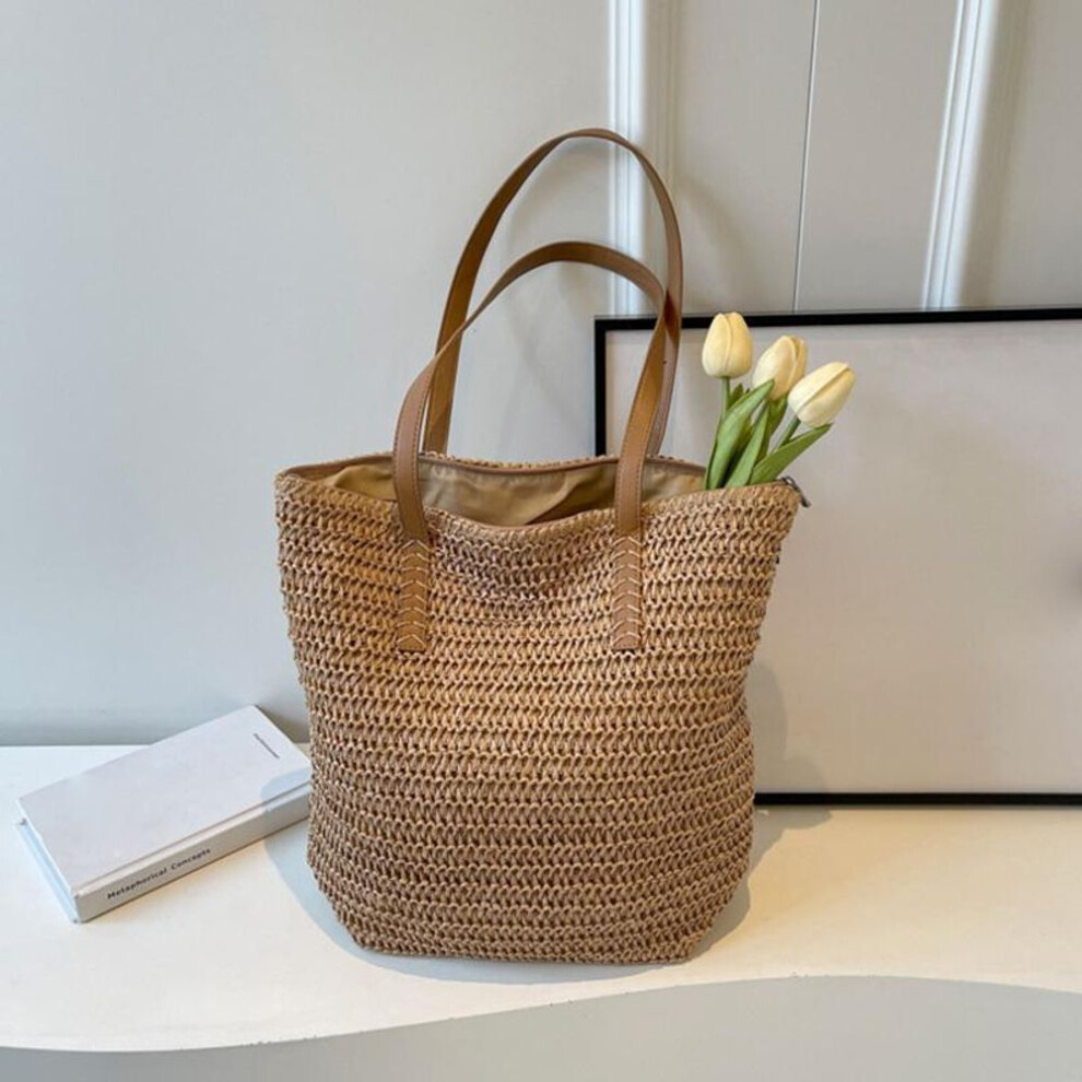 (khaki, 32*14*33cm) Handmade Woven Straw Beach Bag Large Capacity Shoulder Bag Women Raffia Travel Shopper Totes Summer Vacation Casual Handbags