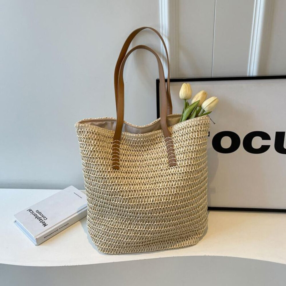 (beige, 32*14*33cm) Handmade Woven Straw Beach Bag Large Capacity Shoulder Bag Women Raffia Travel Shopper Totes Summer Vacation Casual Handbags