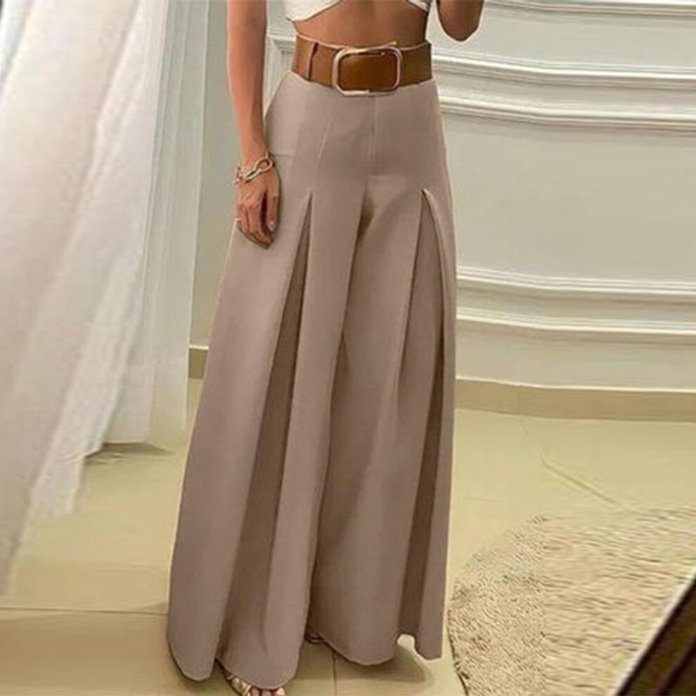 (khaki, L) ZANZEA Women Fashion Elastic Waist Pleated Straight Pants