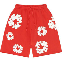 (red, L) Y2K floral pattern Harajuku fashion casual loose fitting men's straight leg wide leg shorts hip-hop streetwear