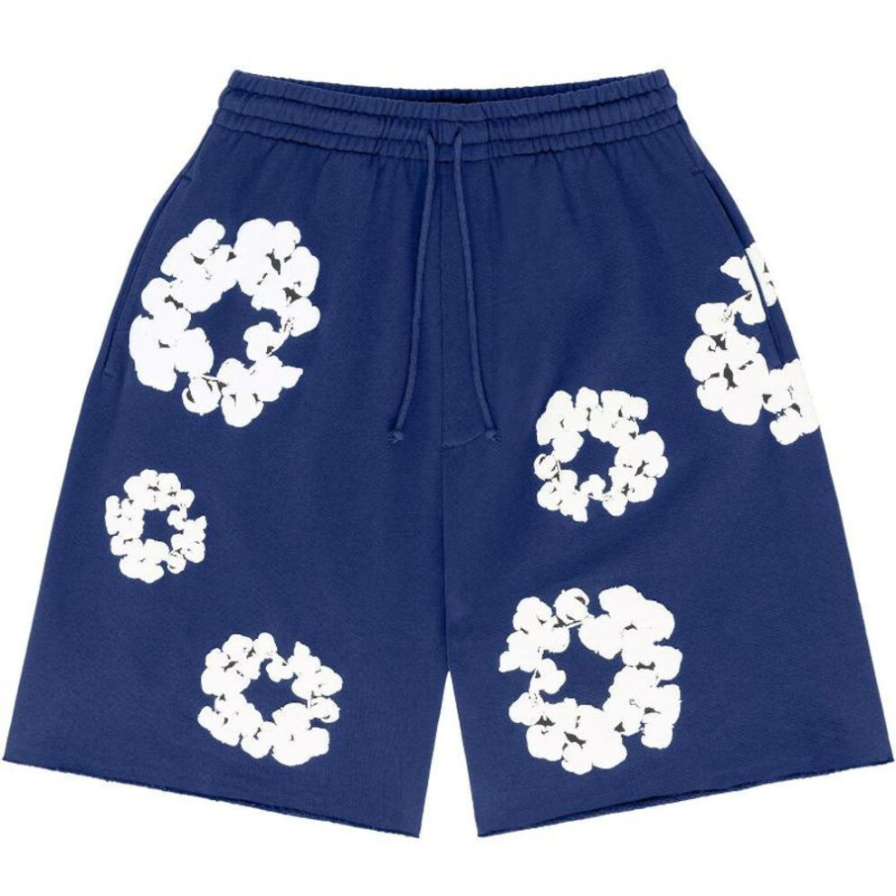 (blue, M) Y2K floral pattern Harajuku fashion casual loose fitting men's straight leg wide leg shorts hip-hop streetwear