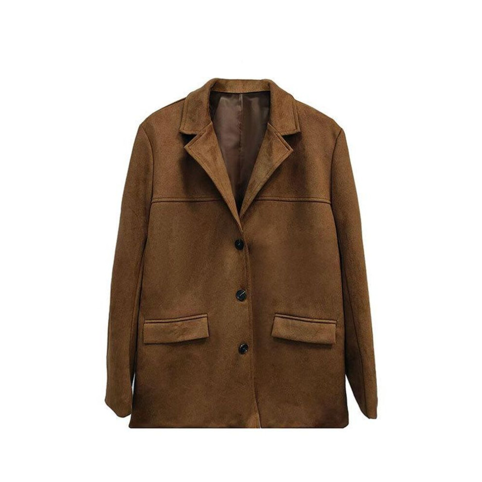 (brown, XL) 2025 autumn and winter new women's clothing fashion temperament suede loose pocket lapel button blazer