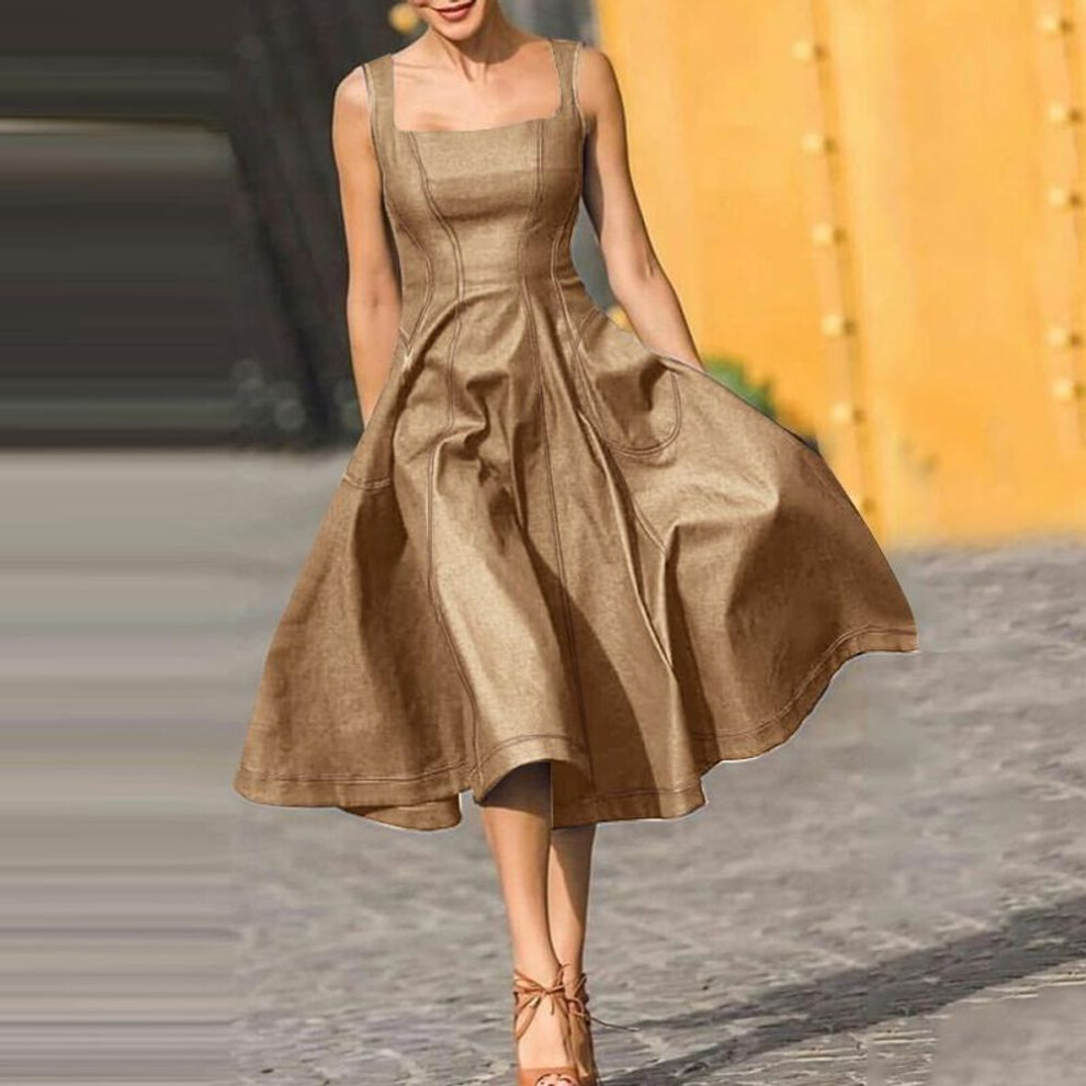 (khaki, 2XL) Zanzea Women Fashion Square Neck Sleeveless Pocket Dresses