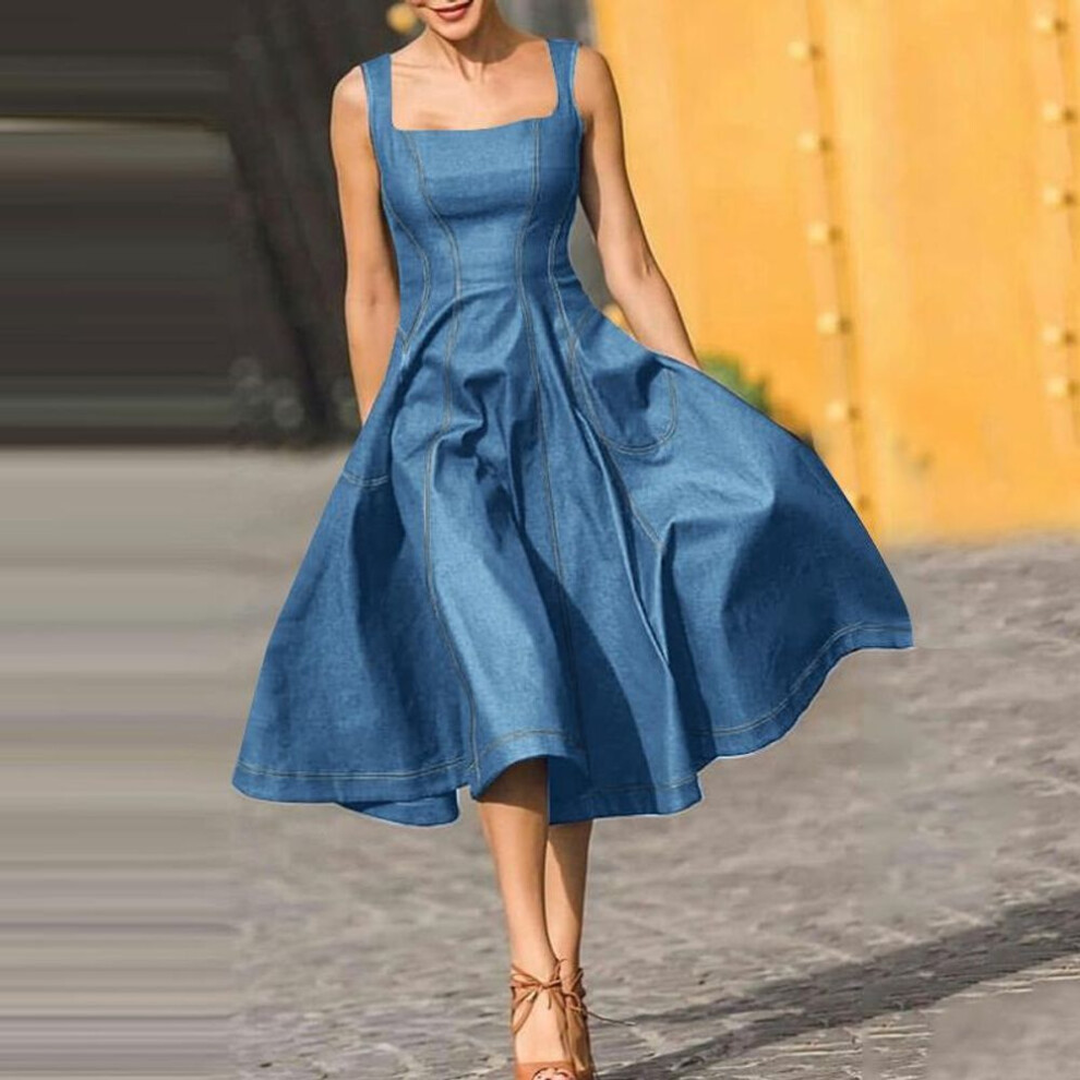 (blue, 5XL) Zanzea Women Fashion Square Neck Sleeveless Pocket Dresses