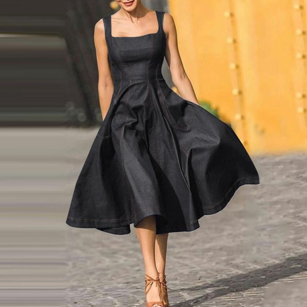 (navy, 3XL) ZANZEA Women Fashion Square Neck Sleeveless Pocket Dresses