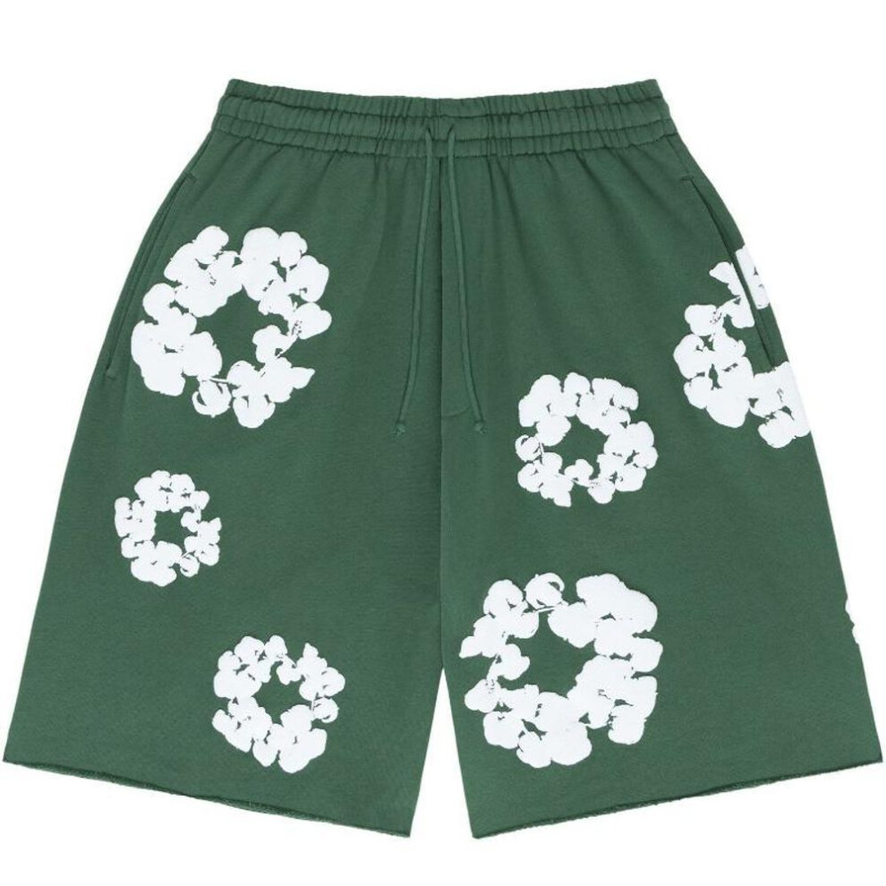 (green, L) Y2K floral pattern Harajuku fashion casual loose fitting men's straight leg wide leg shorts hip-hop streetwear