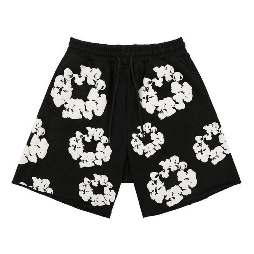(black, S) Y2K floral pattern Harajuku fashion casual loose fitting men's straight leg wide leg shorts hip-hop streetwear