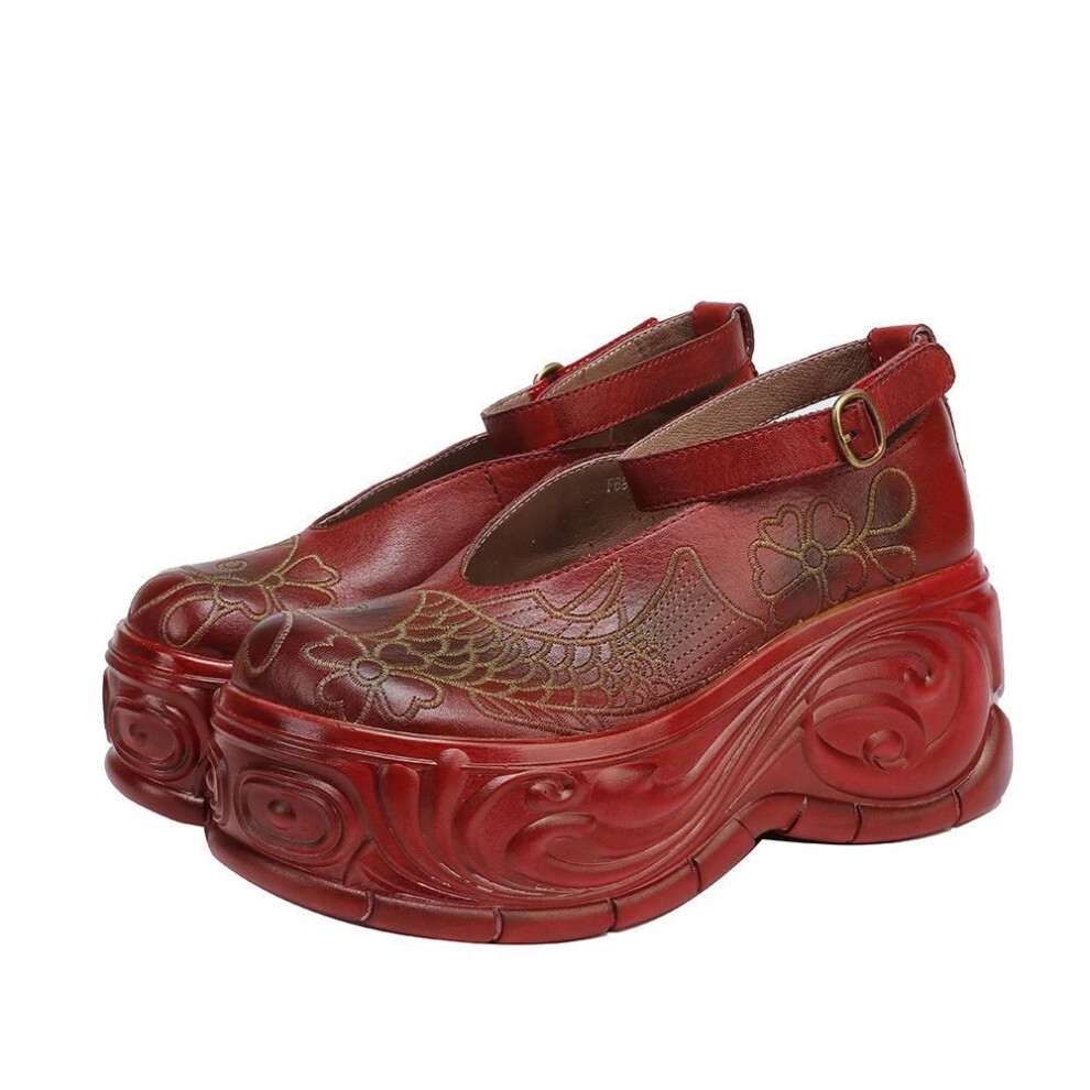 (red, 37) Johnature Handmade Retro Thick Soled Red Women's Shoes Genuine Leather Round Toe Platform Shoes