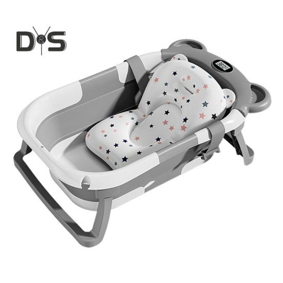 (grey) 2Pcs/Set Folding Baby Bathtub with Thermometer Soft Cushion Foldable Design Visual Temperature Sensor Infant Bathtub
