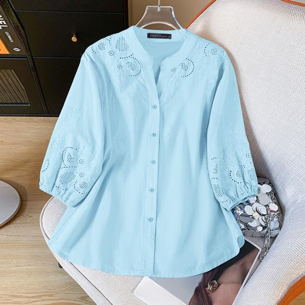 (XL, blue) ZANZEA Women Autumn Stand Collar 3/4 Sleeve Printed Loose Shirts