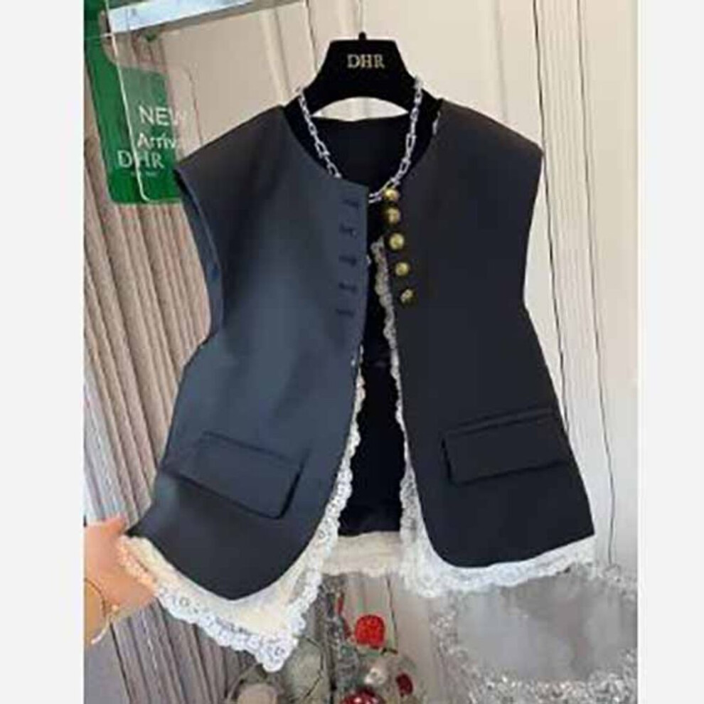 (black, S) Lace Patchwork Women Vest Korean O Neck Casual Sleeveless Jackets Female Loose Waistcoat Vintage Chic Tops Women Clothing