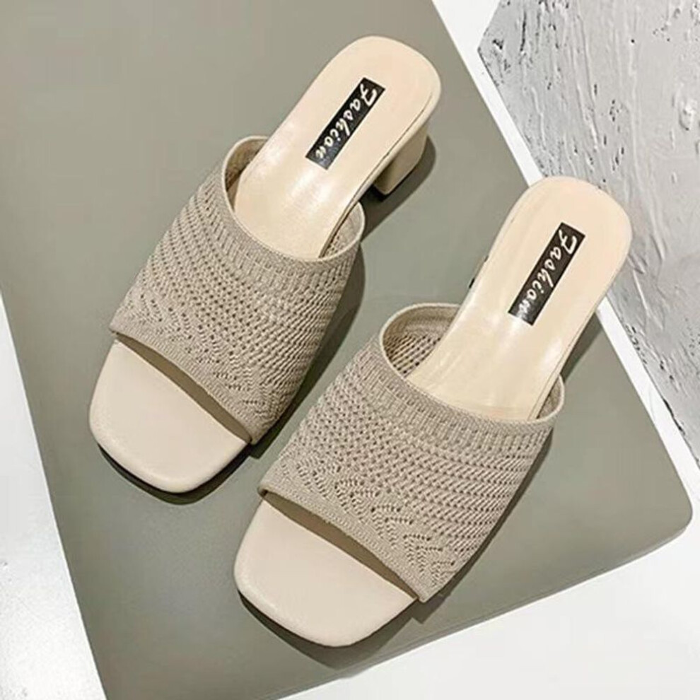 (off white, 39) Women's Spring 2024 Korean Style Mid-heel Flying Woven Sandals