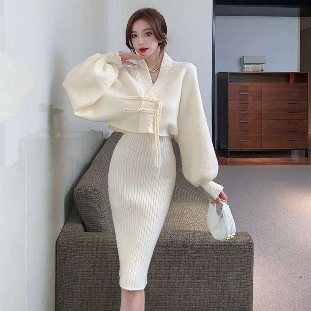 (One Size, white) Retro Knitwear Two Piece Set For Women's Autumn/winter Lazy Style Strap Gentle Sweater Cardigan Coat