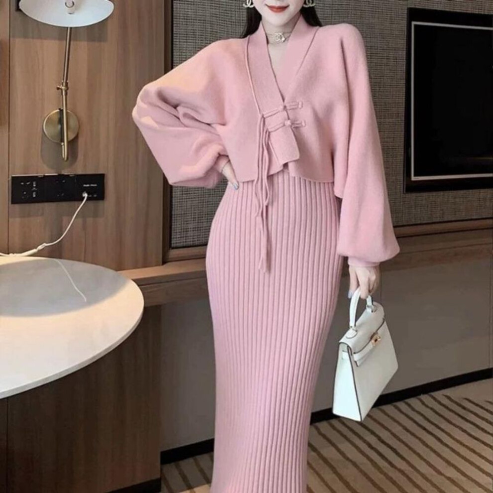 (One Size, pink) Retro Knitwear Two Piece Set For Women's Autumn/winter Lazy Style Strap Gentle Sweater Cardigan Coat