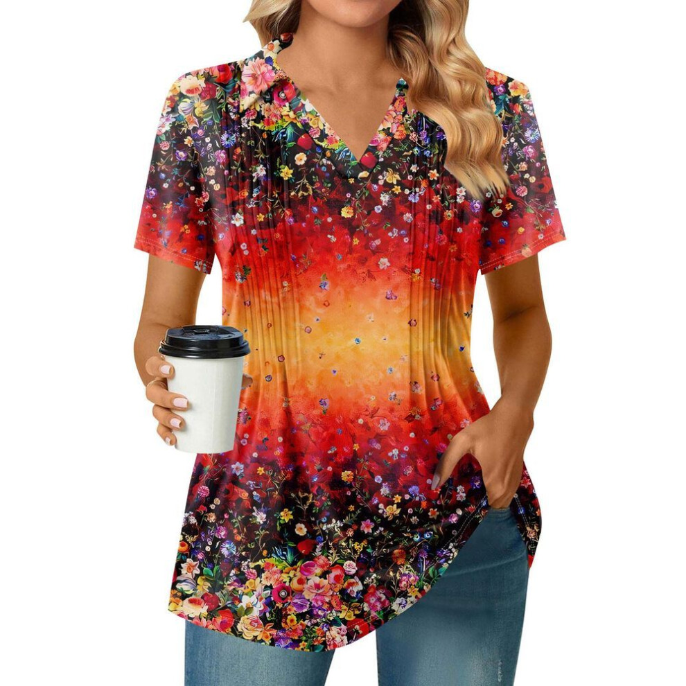 (L, vermilion) Womens Short Sleeve T Shirts Pleated V Neck Printing Tee Collared Summer Tops Fashion Business Casual Work