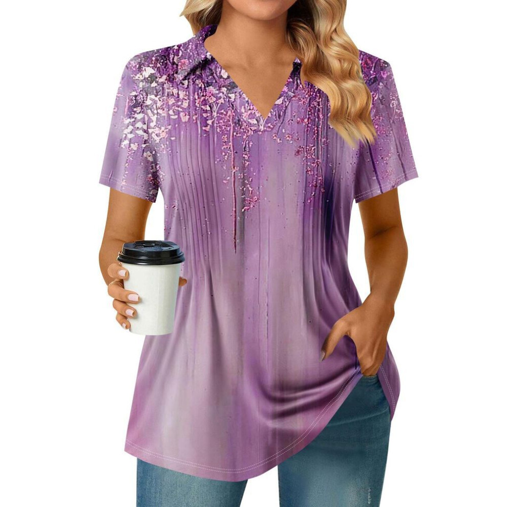 (S, light purple) Womens Short Sleeve T Shirts Pleated V Neck Printing Tee Collared Summer Tops Fashion Business Casual Work