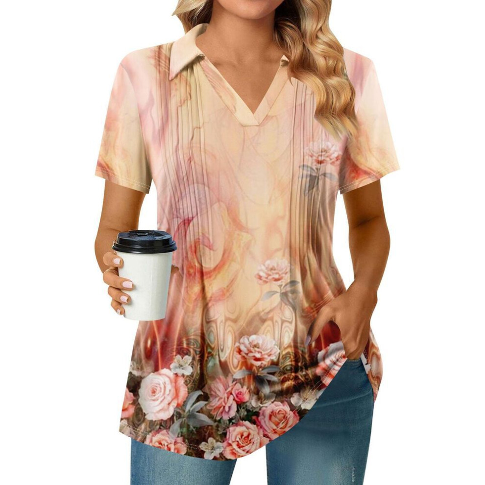(S, pink) Womens Short Sleeve T Shirts Pleated V Neck Printing Tee Collared Summer Tops Fashion Business Casual Work