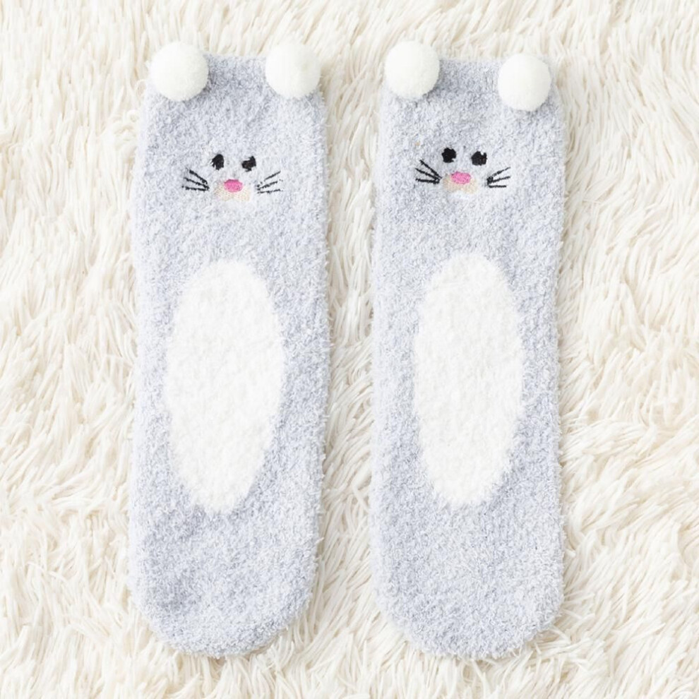 (grey) Women Cute Cartoon Animal Fuzzy Socks Winter Warm Fleece Kawaii Panda Bear Cat Mouse Casual Fashion Home Floor Fluffy Socks