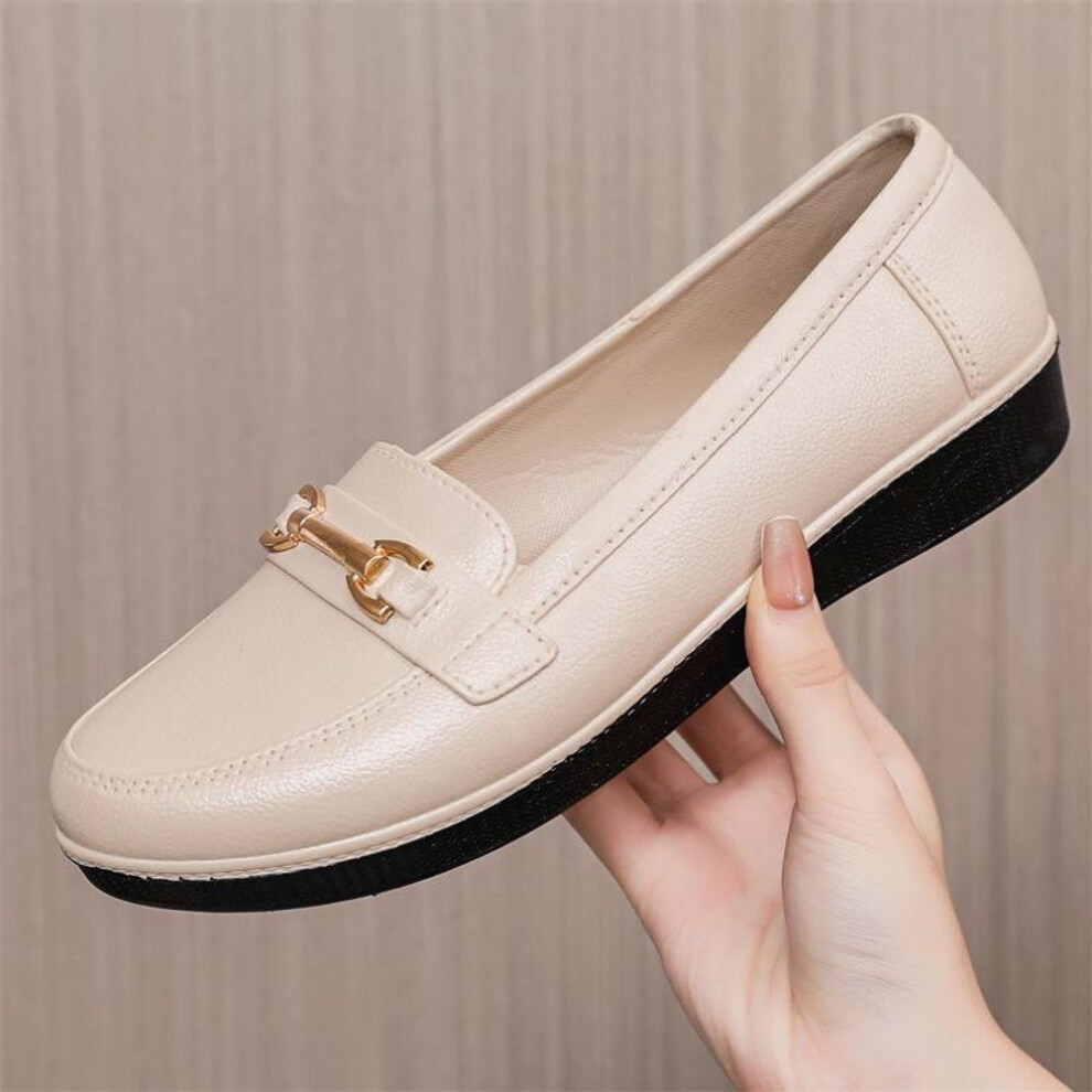 (off white, 37) Women's Black Waterproof Loafers, British Style, Pointed Toe, Formal Work Shoes for Summer 2021.