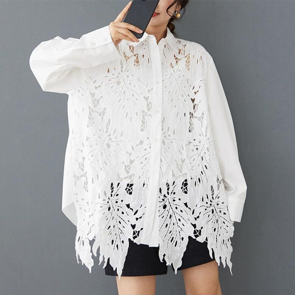 (white) long sleeve oversized lace shirts & blouses for blouse Casual loose spring summer tops women button up shirt