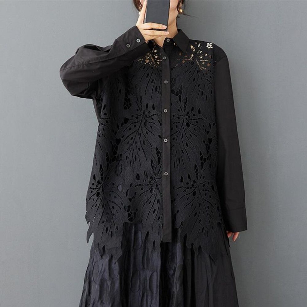 (black) Long Sleeve Oversized Lace Shirts & Blouses For Blouse Casual Loose Spring Summer Tops Women Button Up Shirt