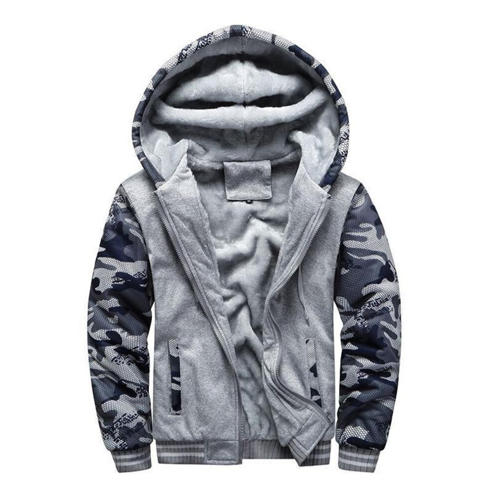 (dark gray, M) Men's European Large Camo Patchwork Hooded Cardigan Sweatshirt - Autumn/Winter Velvet Thick Jacket