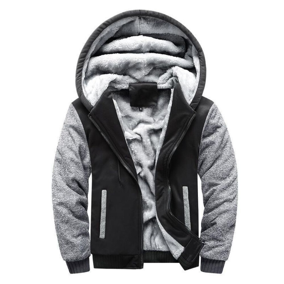 (black gray, M) Men's European Large Camo Patchwork Hooded Cardigan Sweatshirt - Autumn/Winter Velvet Thick Jacket