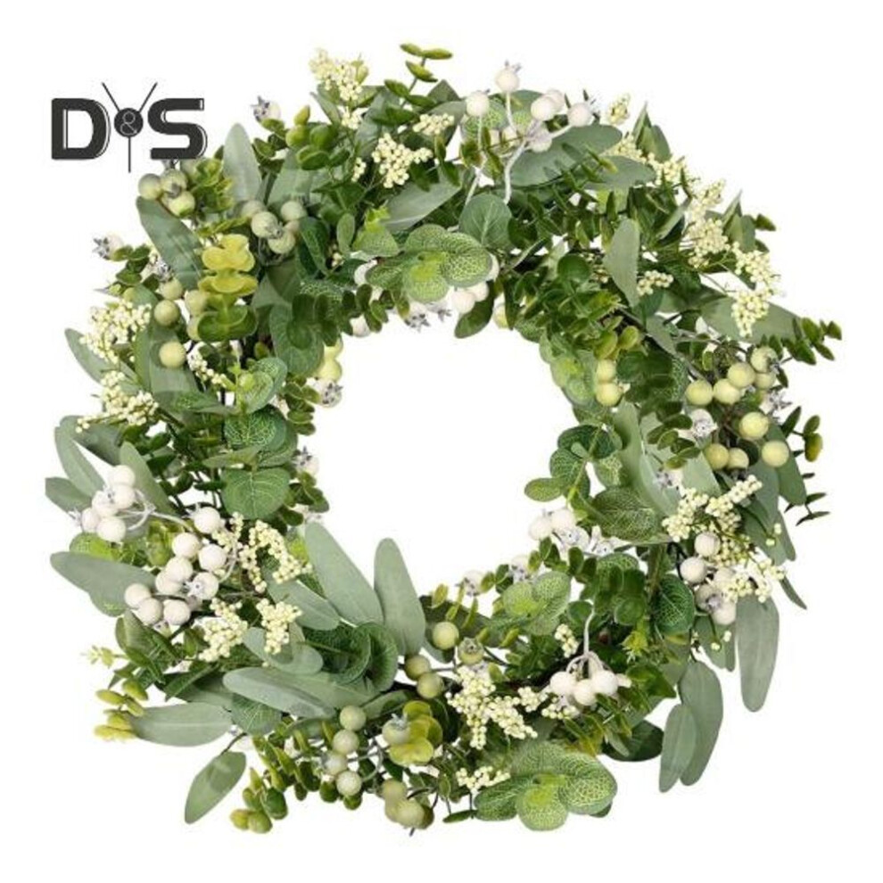 (as the picture, E) Faux Eucalyptus Leaf Wreath Artificial Green Leaves Wreath With Berry Indoor Outdoor Simulated Eucalyptus Wreath For Home Porch Wall Door Decor