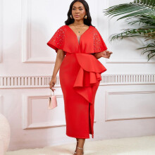 (red, M) YYFS Women's Fashion Summer Spring Short Sleeve High Waist V-Neck Cocktail & Evening Dresses