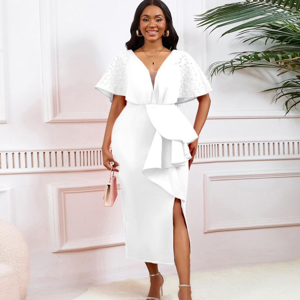 (white, M) YYFS Women's Fashion Summer Spring Short Sleeve High Waist V-Neck Cocktail & Evening Dresses