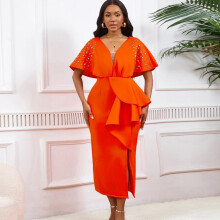 (orange, XL) YYFS Women's Fashion Summer Spring Short Sleeve High Waist V-Neck Cocktail & Evening Dresses