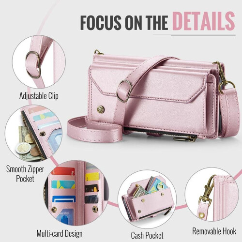 (purple, iPhone 14 Pro) Large Capacity 3-Layer Multi-Function Zipper Wallet Case with RFID Blocking for iPhone Samsung Google Phone Flip Case with Adjustable Straps 2