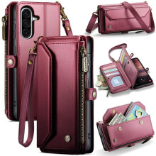 (wine red, Samsung A13/A04/A04S) Large Capacity 3-Layer Multi-Function Zipper Wallet Case with RFID Blocking for iPhone Samsung Google Phone Flip Case with Adjustable Straps