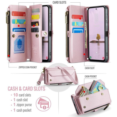 (purple, Samsung A34) Large Capacity 3-Layer Multi-Function Zipper Wallet Case with RFID Blocking for iPhone Samsung Google Phone Flip Case with Adjustable Straps 1