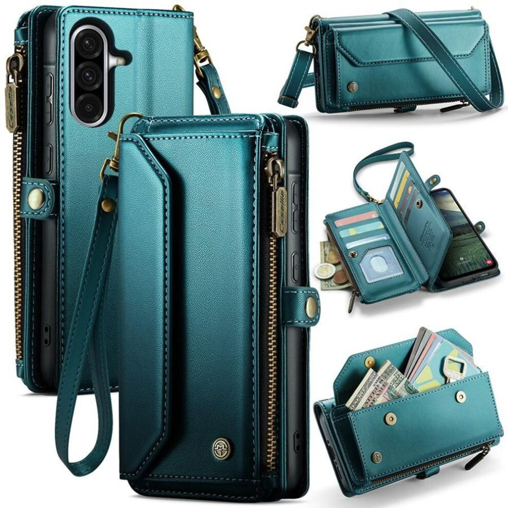 (green, Samsung A54) Large Capacity 3-layer Multi-function Zipper Wallet Case With Rfid Blocking For Iphone Samsung Google Phone Flip Case With Adjustable Straps