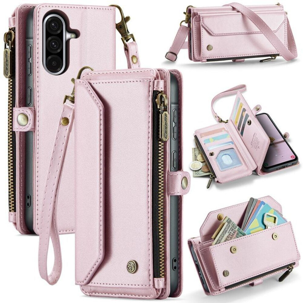 (pink, iPhone 12/12 Pro) Large Capacity 3-Layer Multi-Function Zipper Wallet Case with RFID Blocking for iPhone Samsung Google Phone Flip Case with Adjustable Straps