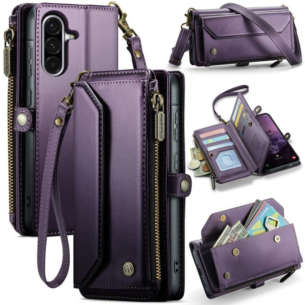 (purple, Samsung A51 4G) Large Capacity 3-layer Multi-function Zipper Wallet Case With Rfid Blocking For Iphone Samsung Google Phone Flip Case With Adjustable Straps