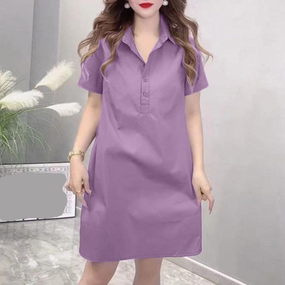 (purple, L) Zanzea Women Casual Turn Down Collar Solid Color Short Sleeve Dress