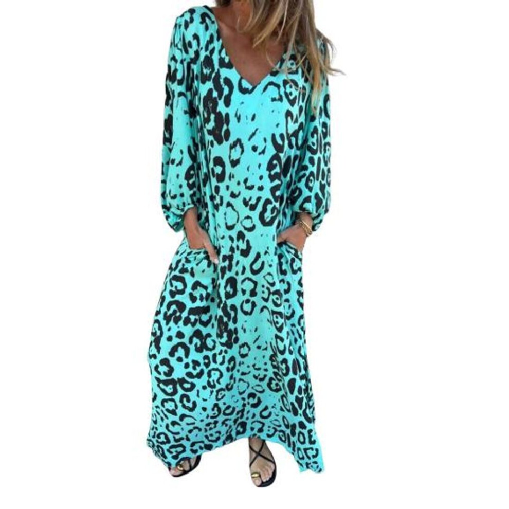 (cyan, M) Women's Leopard Print Dress V-neck Long Sleeve Maxi Dress Casual Loose Fit Spring Summer Dress For Office Daily Wear Vacation Party