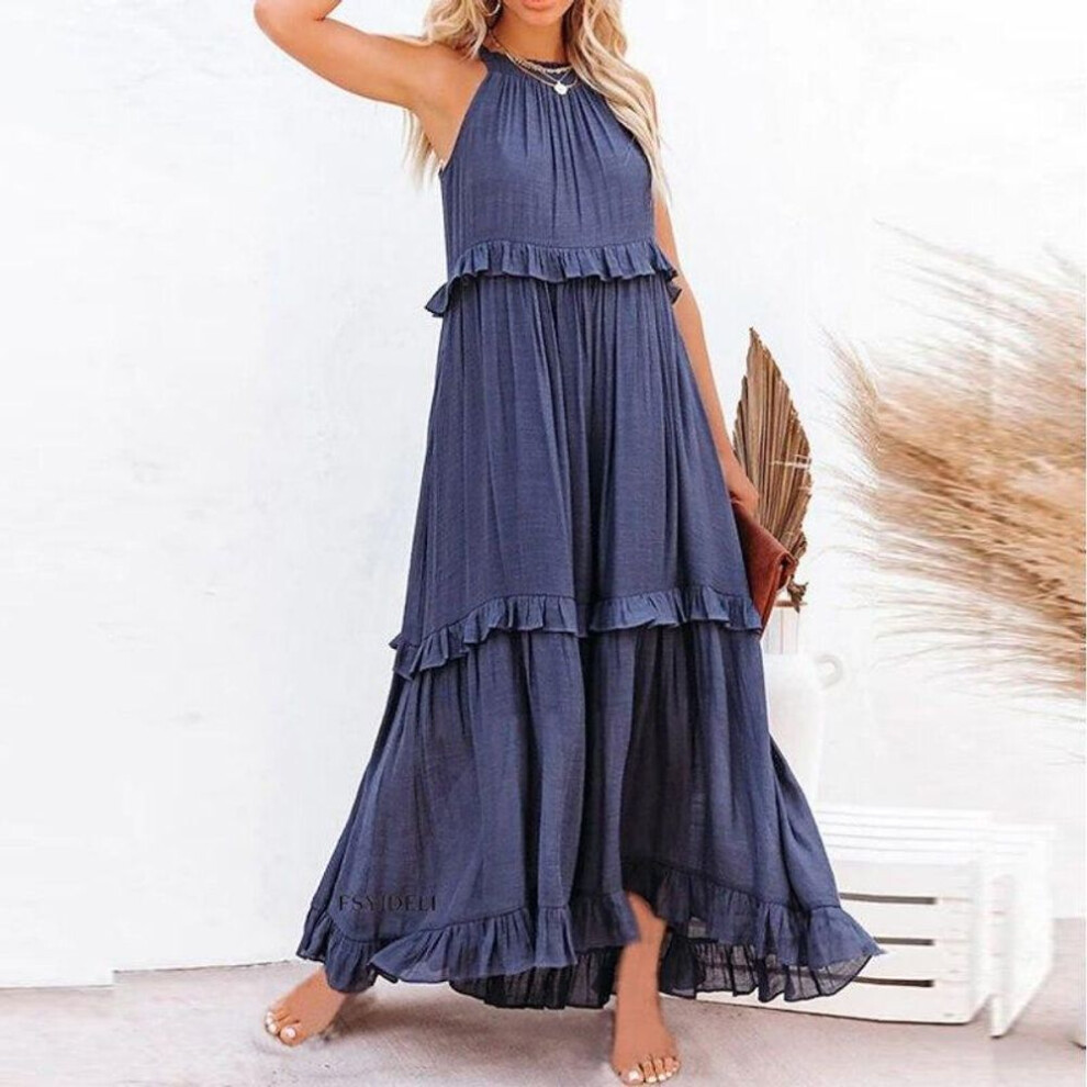 (navy blue, M) Summer Women's Ruffles Party Long Dresses for Women Costume Sexy Sleeveless Maxi Dress Dance Wear A-Line Boho Holiday Dress