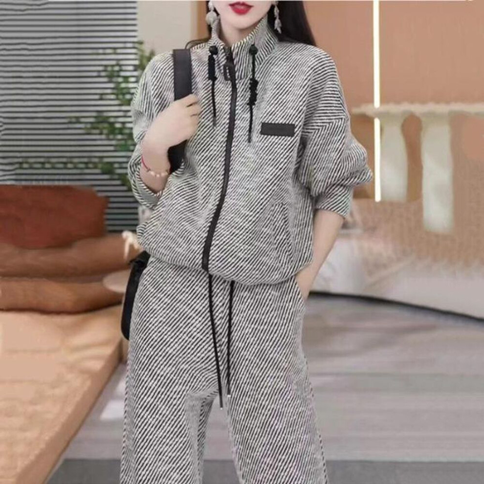 (2XL) 946# Women's Fashion Striped Suit - 2024 Spring/Autumn Loose Cardigan and Wide-Leg Pants Set