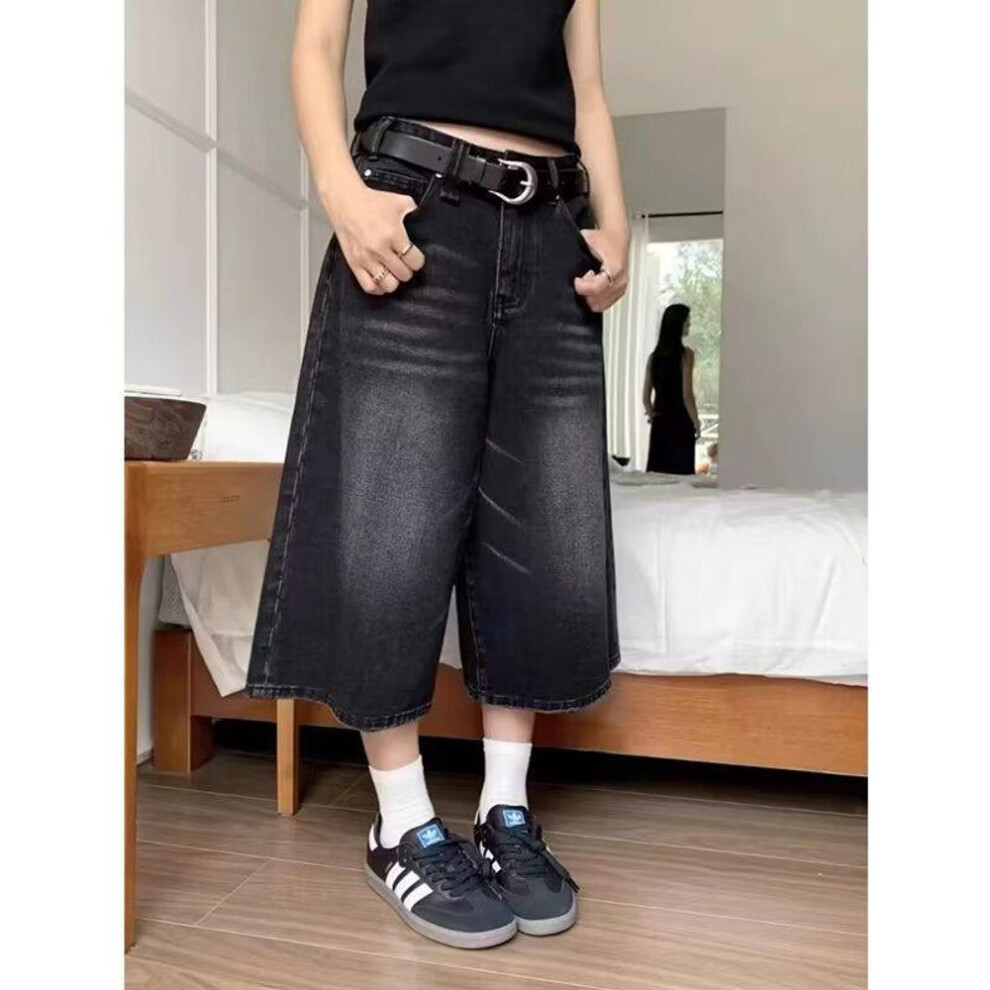 (M) Women's High-waisted Denim Shorts - Solid Color, Loose Fit, Wide-leg, Mid-length, Size Large