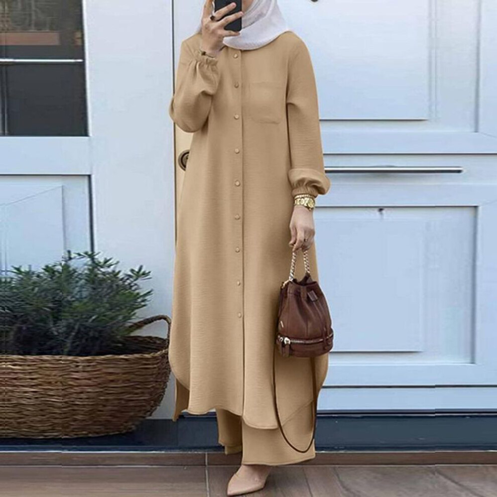 (khaki, 5XL) Zanzea Women Long Blouse And Pants Muslim Casual Two Piece Suit Set