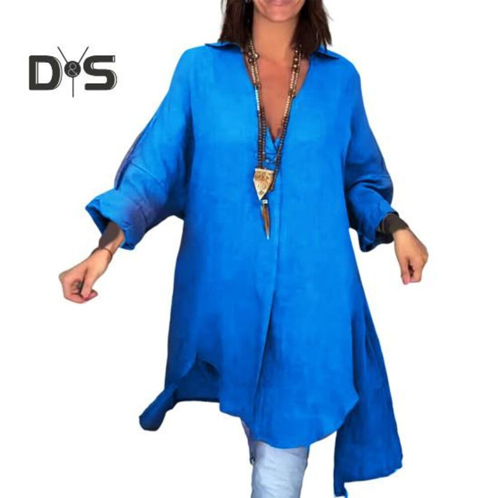 (XL, dark blue) Women Shirt V-neck Long Sleeve Side Split Hem Pullover Tops Solid Color Loose Fit Summer Shirt Daily Wear