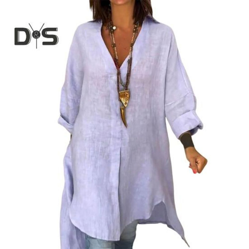 (M, light purple) Women Shirt V-Neck Long Sleeve Side Split Hem Pullover Tops Solid Color Loose Fit Summer Shirt Daily Wear