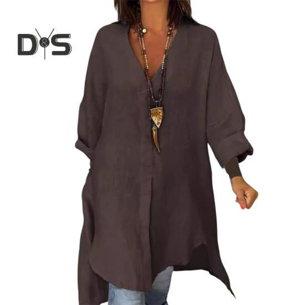 (S, dark brown) Women Shirt V-Neck Long Sleeve Side Split Hem Pullover Tops Solid Color Loose Fit Summer Shirt Daily Wear